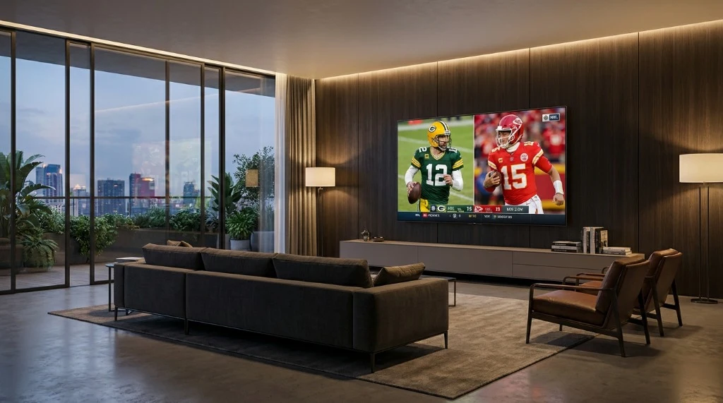4K live sports and entertainment streaming in luxury living room with Honey Bee IPTV