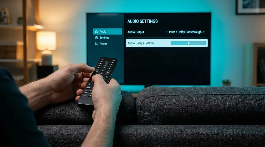 Person adjusting audio settings on a television remote control