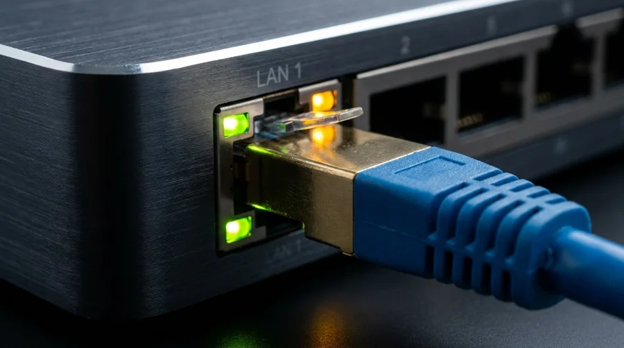 Ethernet cable connected to a router port for wired internet connection