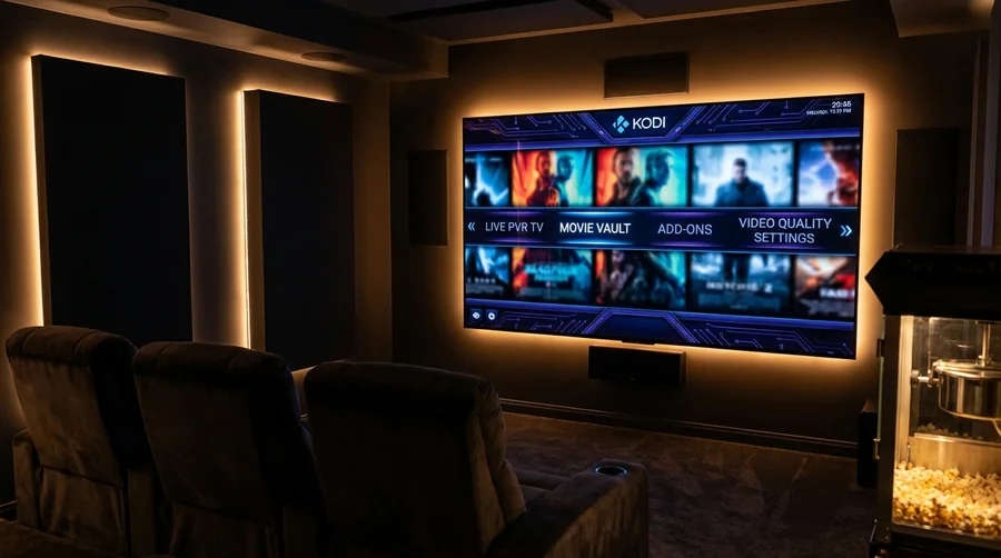 Television screen displaying a media center app with channel categories