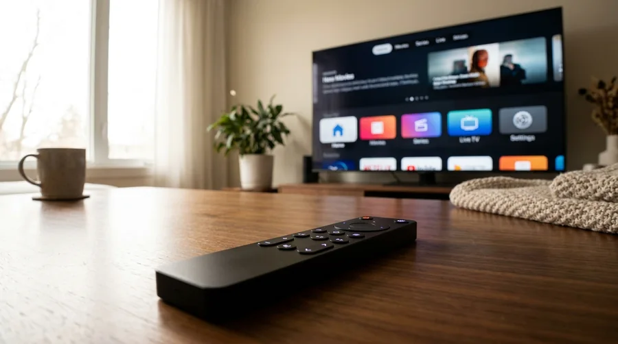 Remote control pointed at a smart TV displaying a streaming app interface