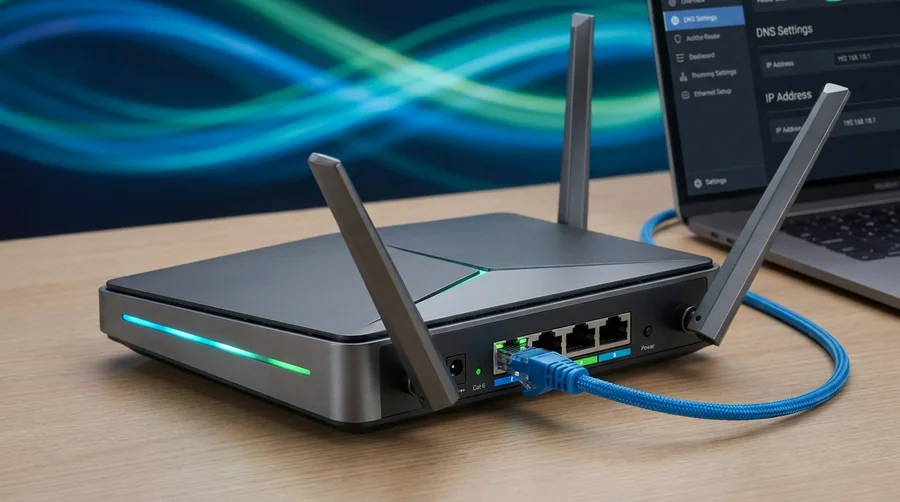 Wi-Fi router with ethernet cable connected, representing network and DNS configuration