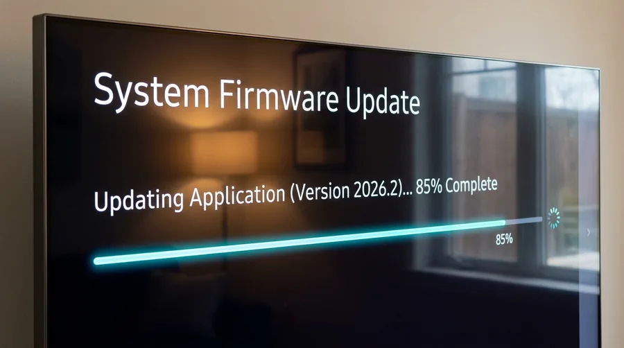 Smart TV interface showing app update progress on screen