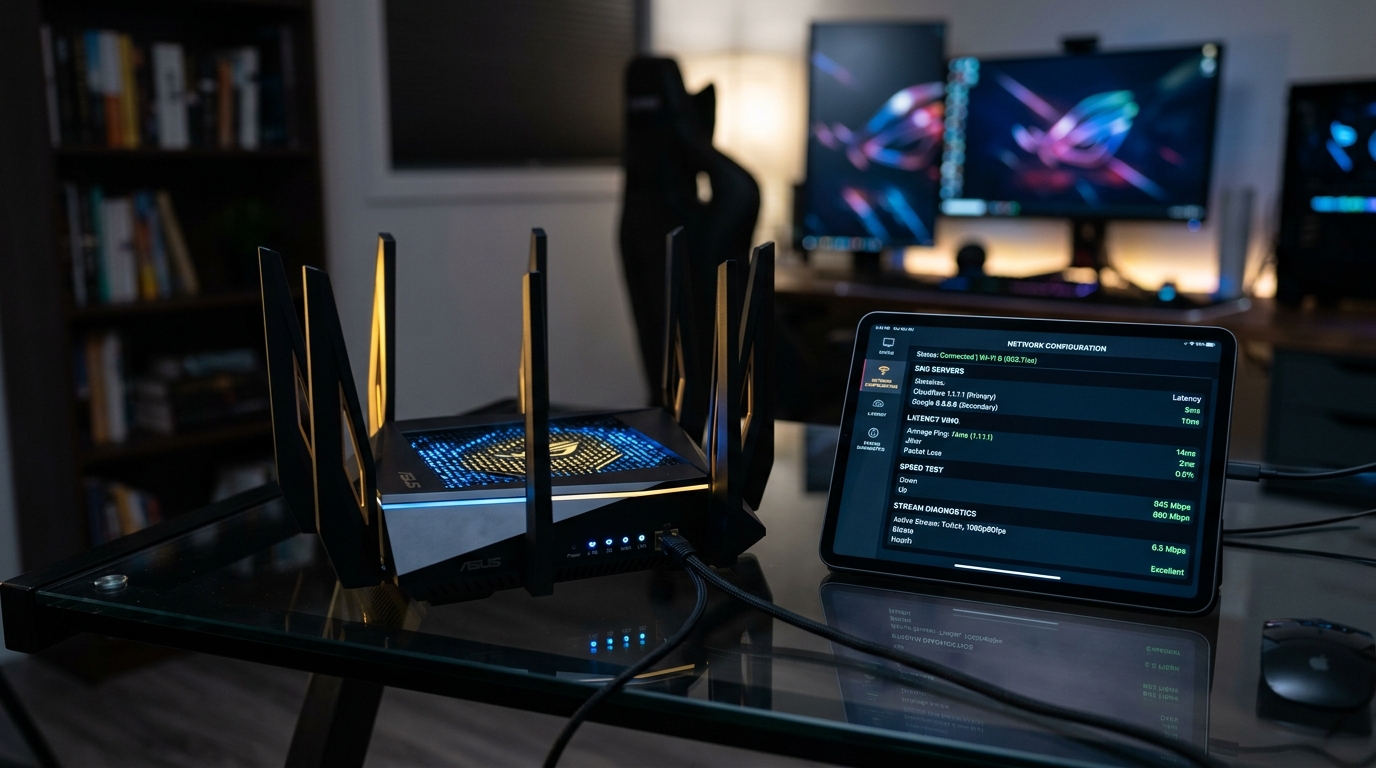 Wi-Fi 6 Router and Tablet Displaying Cloudflare 1.1.1.1 and Google 8.8.8.8 DNS Configuration