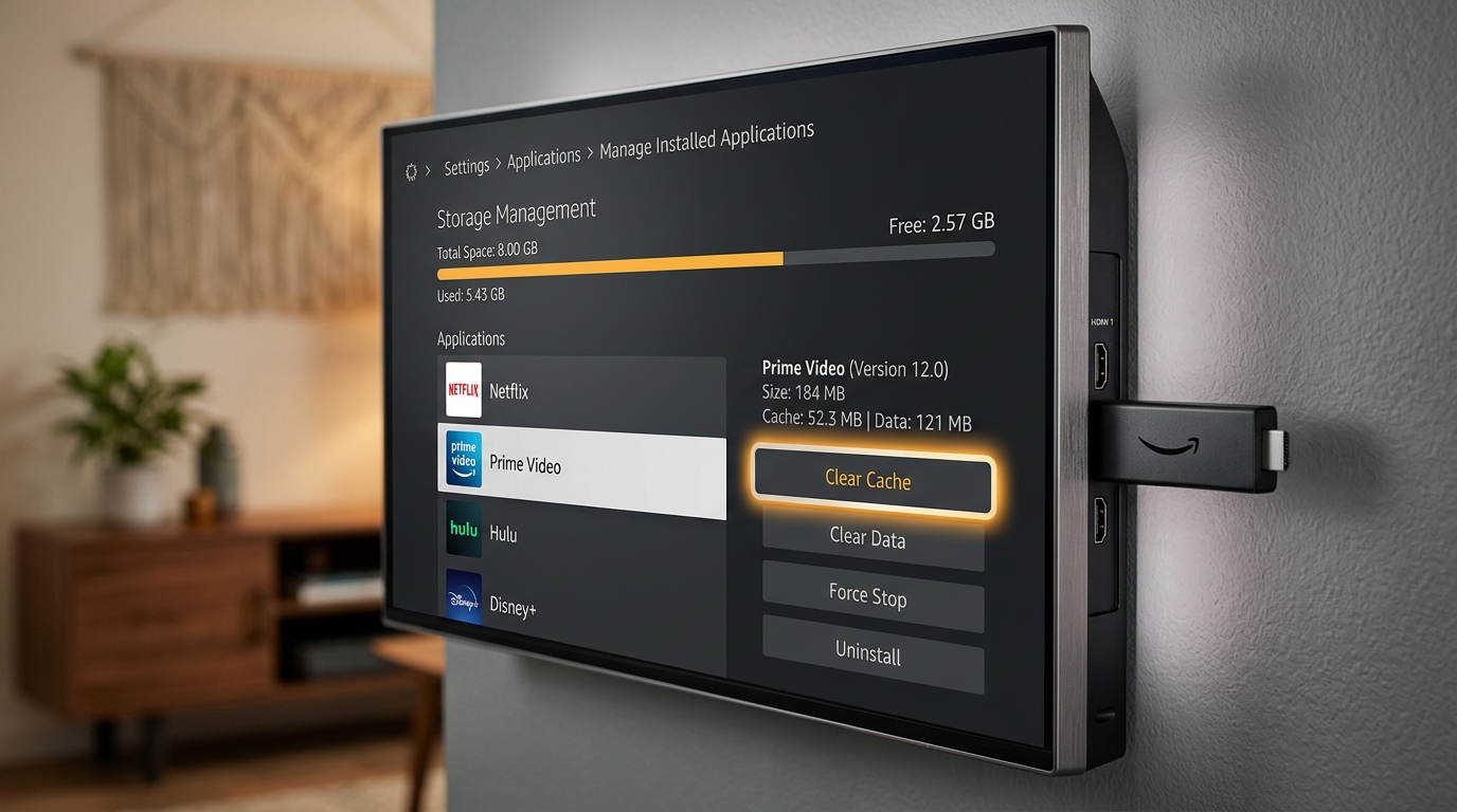 Amazon Firestick Application Storage Management Showing Clear Cache Button