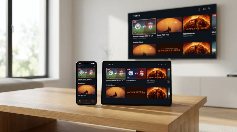 Smartphone and TV displaying the same IPTV streaming interface side by side