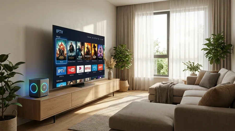 Television displaying a streaming interface with a Wi-Fi router in the background
