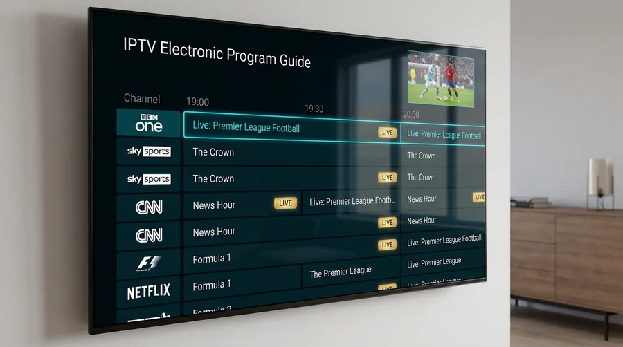 TiviMate IPTV player interface showing EPG grid layout on a TV screen